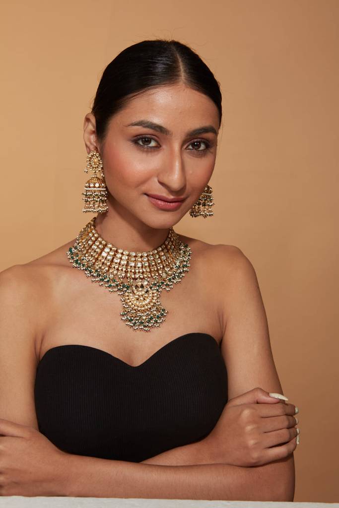Gold Plated Kundan Polki Green Beads Bridal Choker Necklace & Jhumka Earrings Set. : VN396