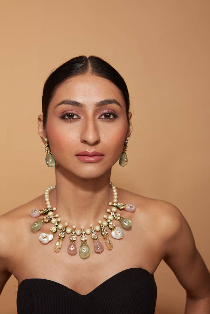 Rhodium Plated Pearls & Multi Colour Beads Necklace Dangle Earrings Set : VN399