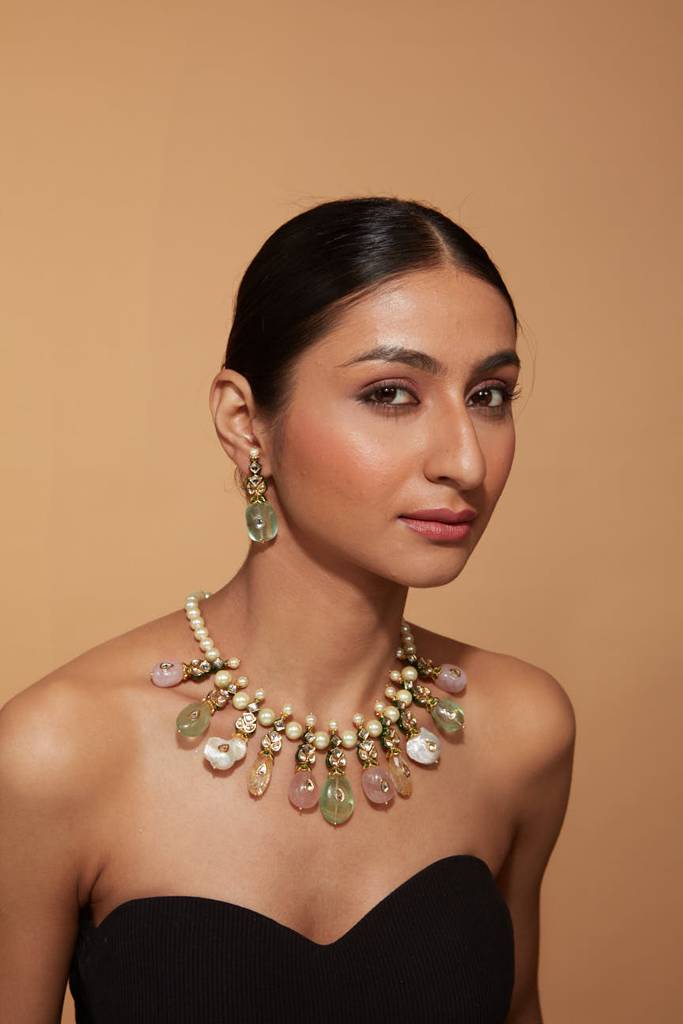 Rhodium Plated Pearls & Multi Colour Beads Necklace Dangle Earrings Set : VN399