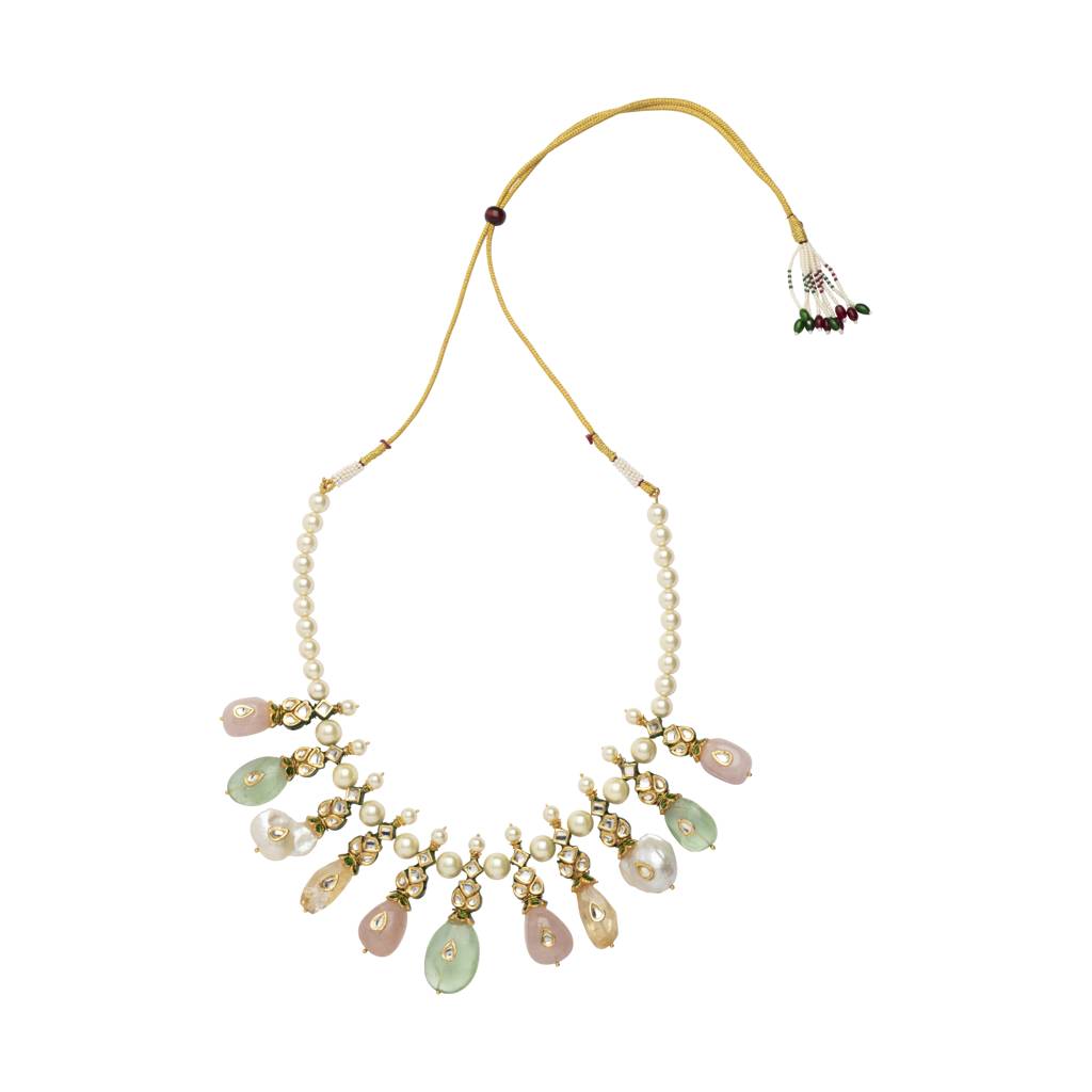 Rhodium Plated Pearls & Multi Colour Beads Necklace Dangle Earrings Set : VN399