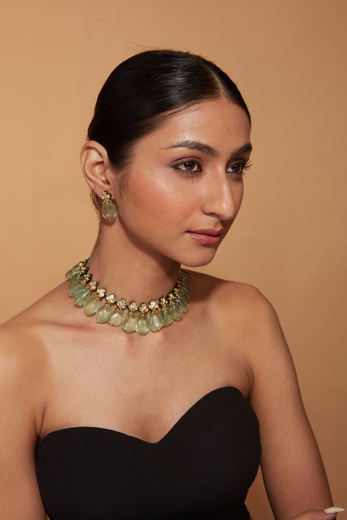Rhodium Plated Pearls & Beads Choker Necklace & Dangle Earrings Set : VN400