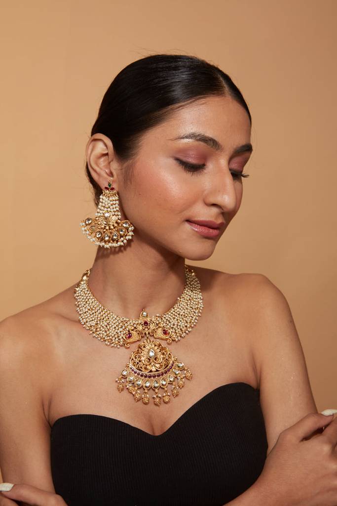 Gold Plated Beads Studded Temple Choker Necklace & Drop Earrings Set : VN401