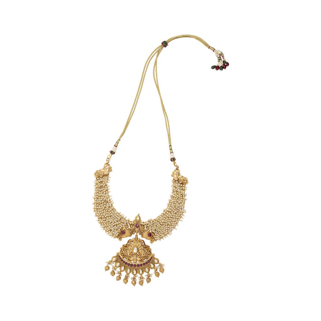 Gold Plated Beads Studded Temple Choker Necklace & Drop Earrings Set : VN401