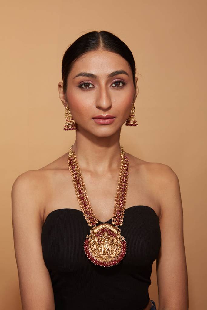 Gold Plated Red Temple Long Necklace & Jhumka Earring Set : VN402