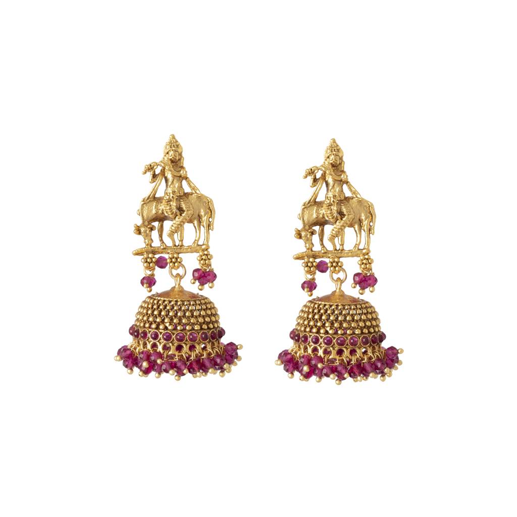 Gold Plated Red Temple Long Necklace & Jhumka Earring Set : VN402