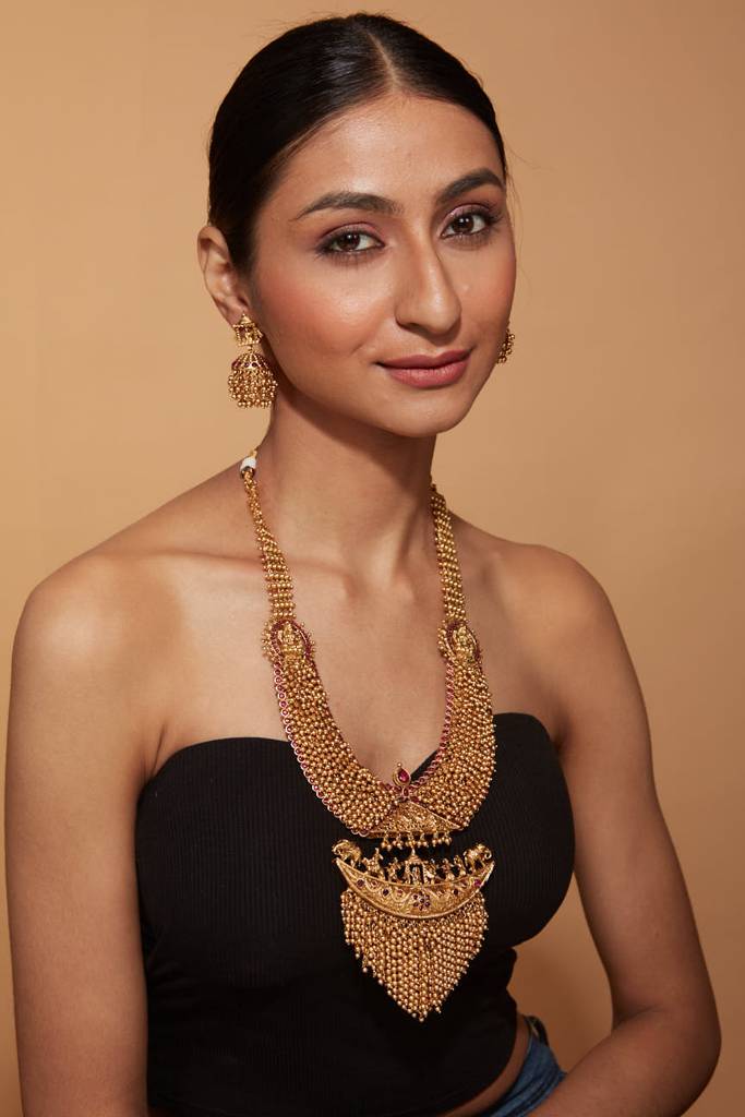 Gold Plated Temple Long Necklace & Jhumka Earring Set : VN403