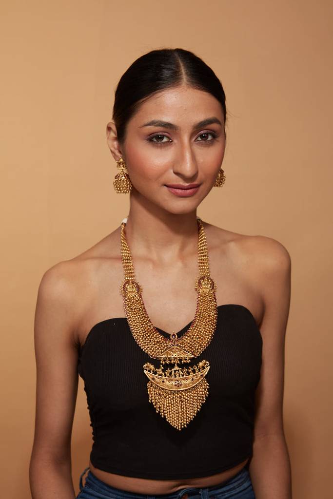 Gold Plated Temple Long Necklace & Jhumka Earring Set : VN403