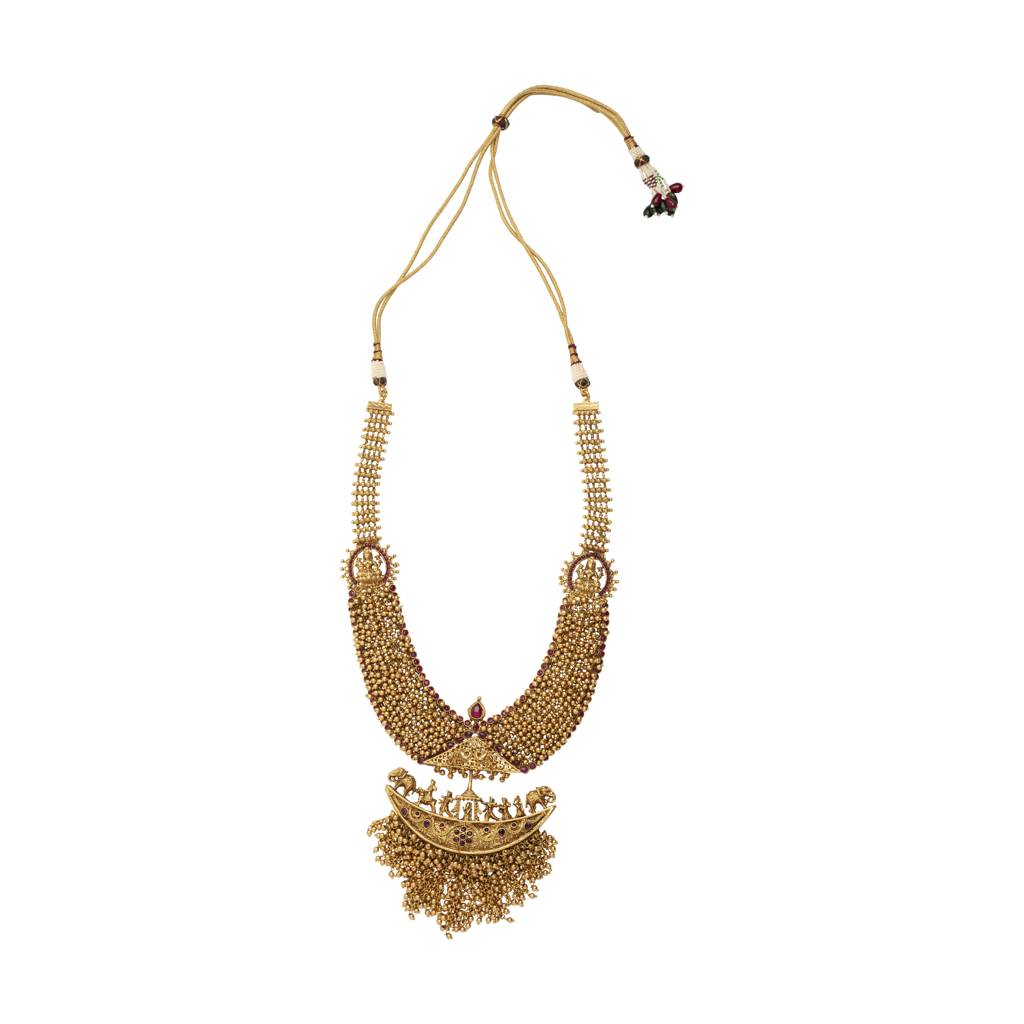 Gold Plated Temple Long Necklace & Jhumka Earring Set : VN403