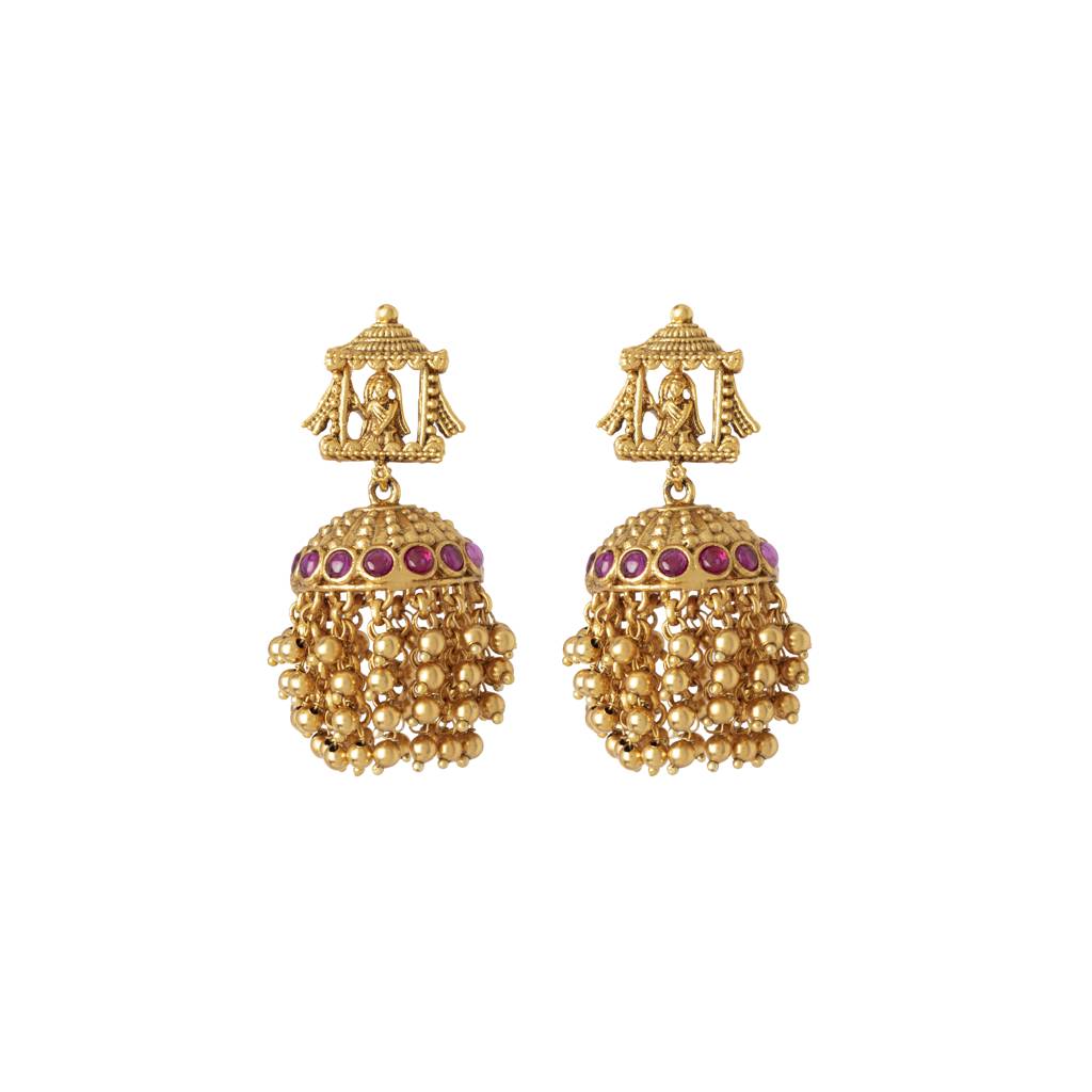 Gold Plated Temple Long Necklace & Jhumka Earring Set : VN403
