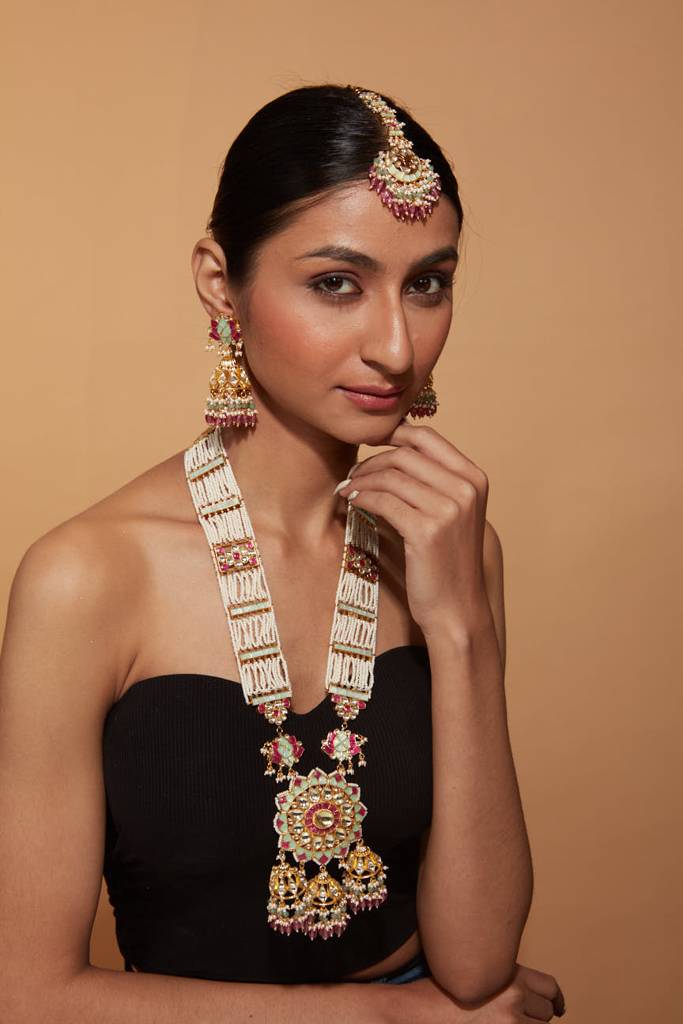 Gold Plated Beaded & Kundan Long Necklace & Jhumka Earrings Set : VN404