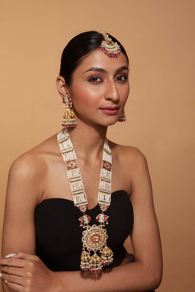 Gold Plated Beaded & Kundan Long Necklace & Jhumka Earrings Set : VN404