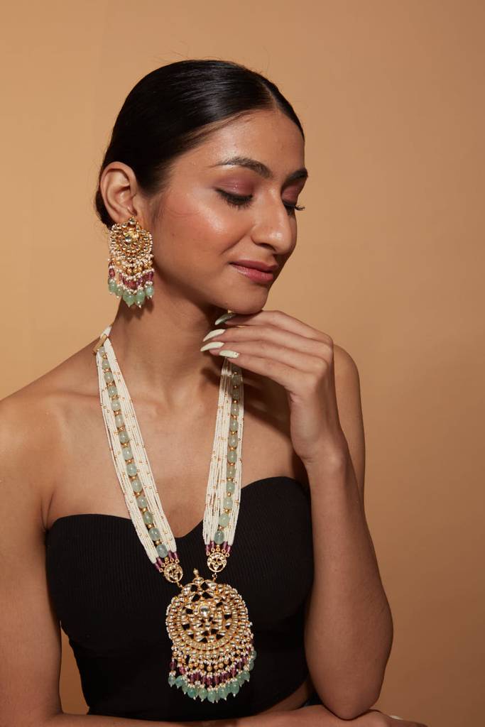 Gold Plated Kundan Studded Multi Colour Beads Long Necklace & Dangle Earrings Set : VN405