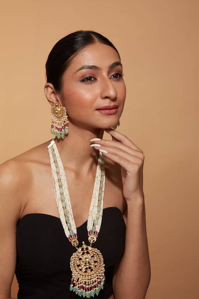 Gold Plated Kundan Studded Multi Colour Beads Long Necklace & Dangle Earrings Set : VN405