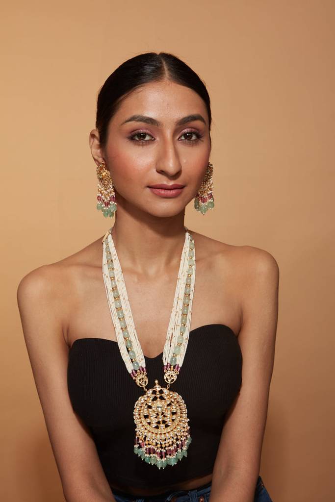 Gold Plated Kundan Studded Multi Colour Beads Long Necklace & Dangle Earrings Set : VN405