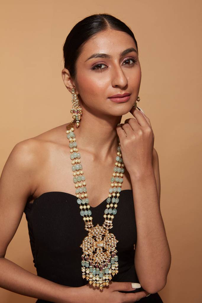 Gold Plated Kundan Studded Multi Colour Beads Long Necklace & Dangle Earrings Set : VN405