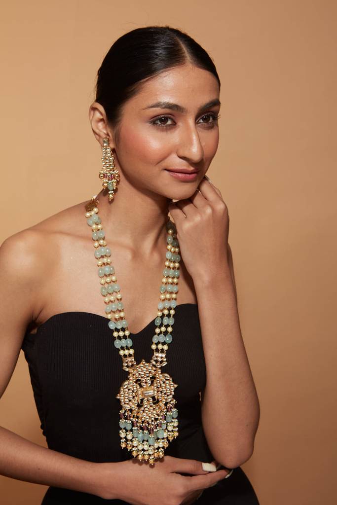 Gold Plated Kundan Studded Multi Colour Beads Long Necklace & Dangle Earrings Set : VN405
