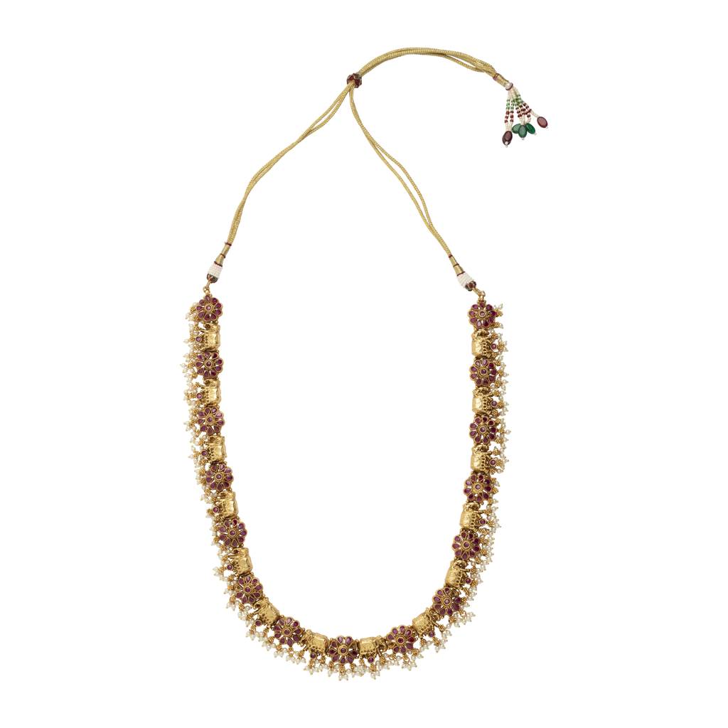 Gold Plated Floral With Animal Design Long Necklace & Dangle Earring Set : VN408