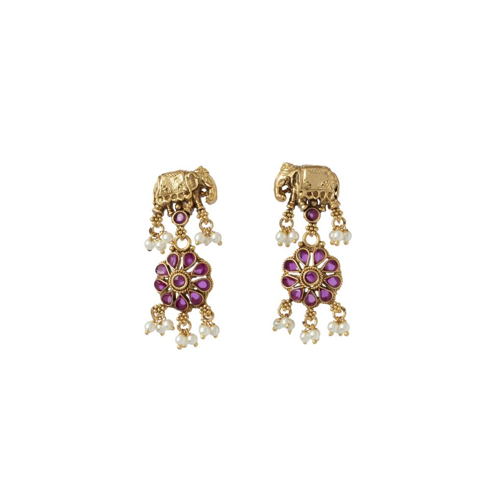 Gold Plated Floral With Animal Design Long Necklace & Dangle Earring Set : VN408