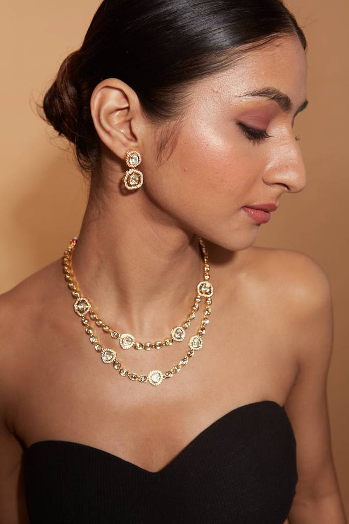 Gold Plated Kundan Studded Layered Necklace & Earrings Set : VN410