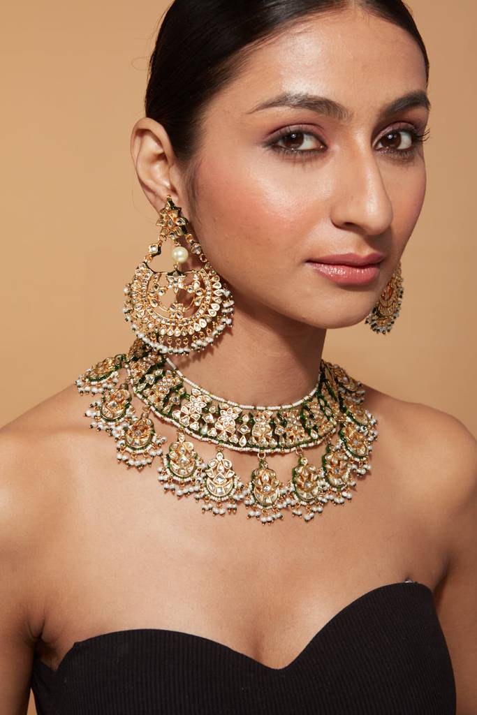 Gold Plated Meenakari Kundan Dangle Necklace & Chaandbali Earrings Set : VN412