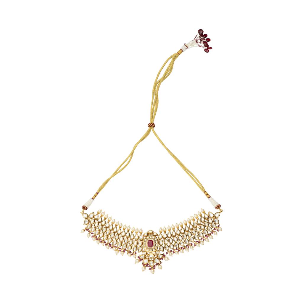 Gold Plated Kundan Studded With Pearl Choker Necklace & Dangle Earrings Set : VN413