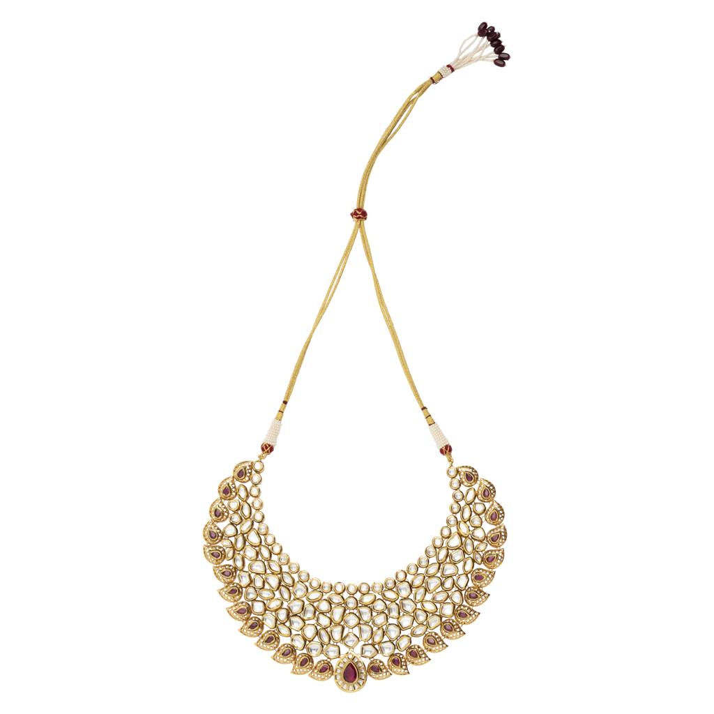 Gold Plated Kundan Studded With Gold Metal Drop Choker Necklace & Dangle Earrings Set : VN416