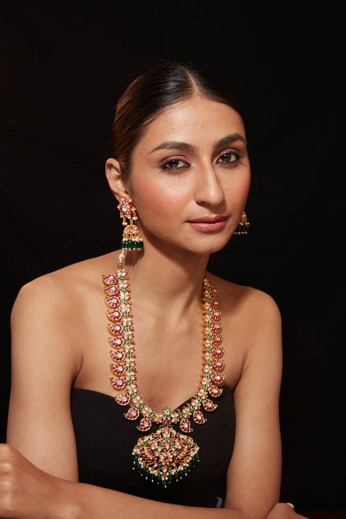 Gold Plated Multi Colour Enamelled Long Necklace & Jhumka Earrings : VN417