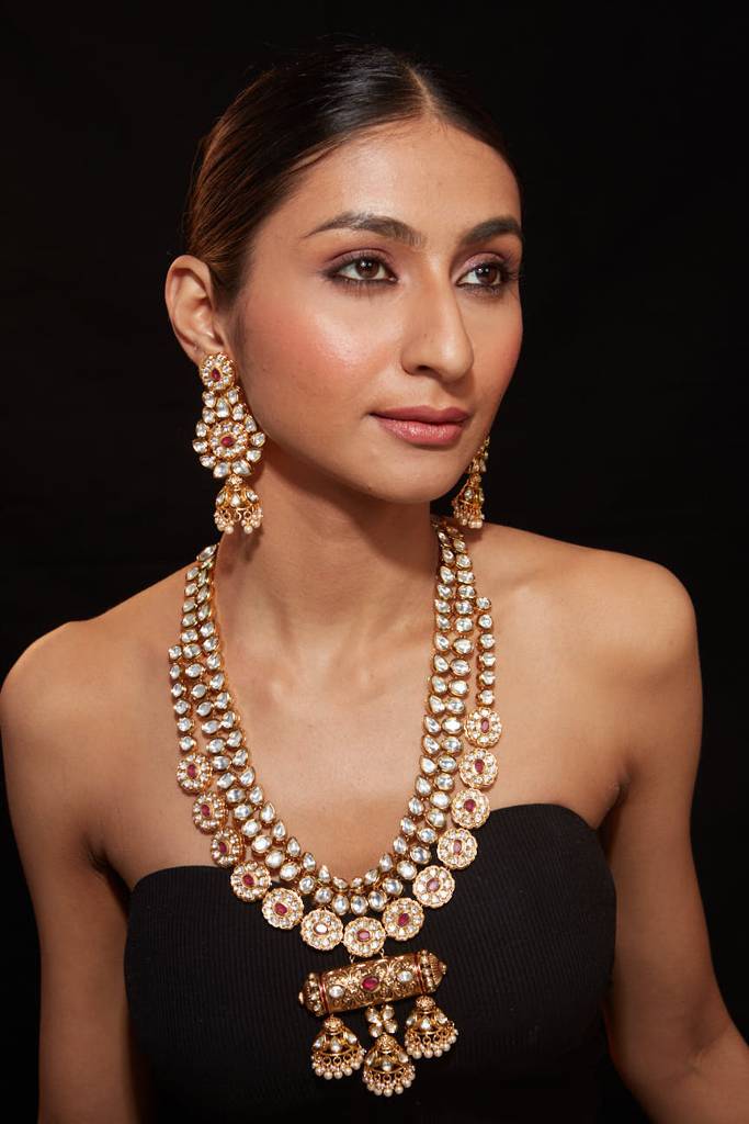 Gold Plated Kundan Polki Long Necklace & Dangle Earrings Set : VN418