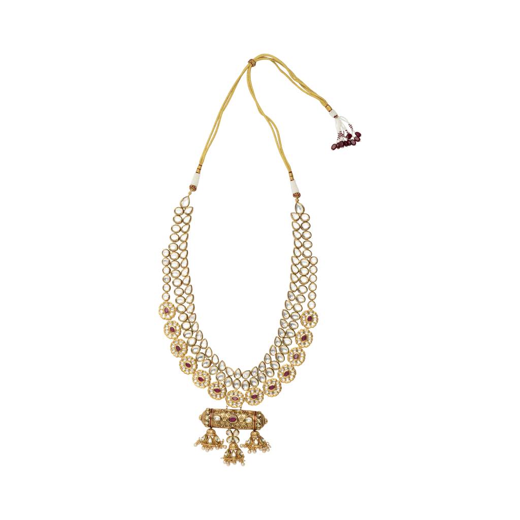 Gold Plated Kundan Polki Long Necklace & Dangle Earrings Set : VN418