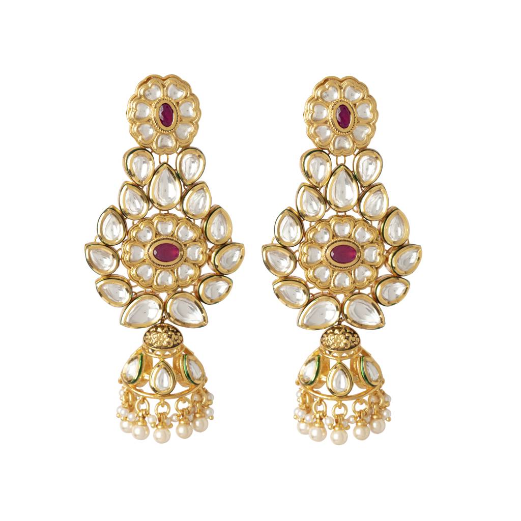 Gold Plated Kundan Polki Long Necklace & Dangle Earrings Set : VN418