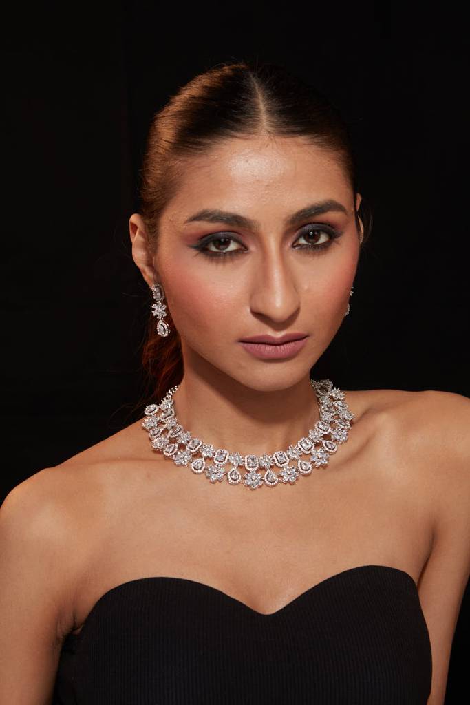 Rhodium Plated Zircon Studded Double Layered Choker Necklace & Dangle Earrings Set : VN421