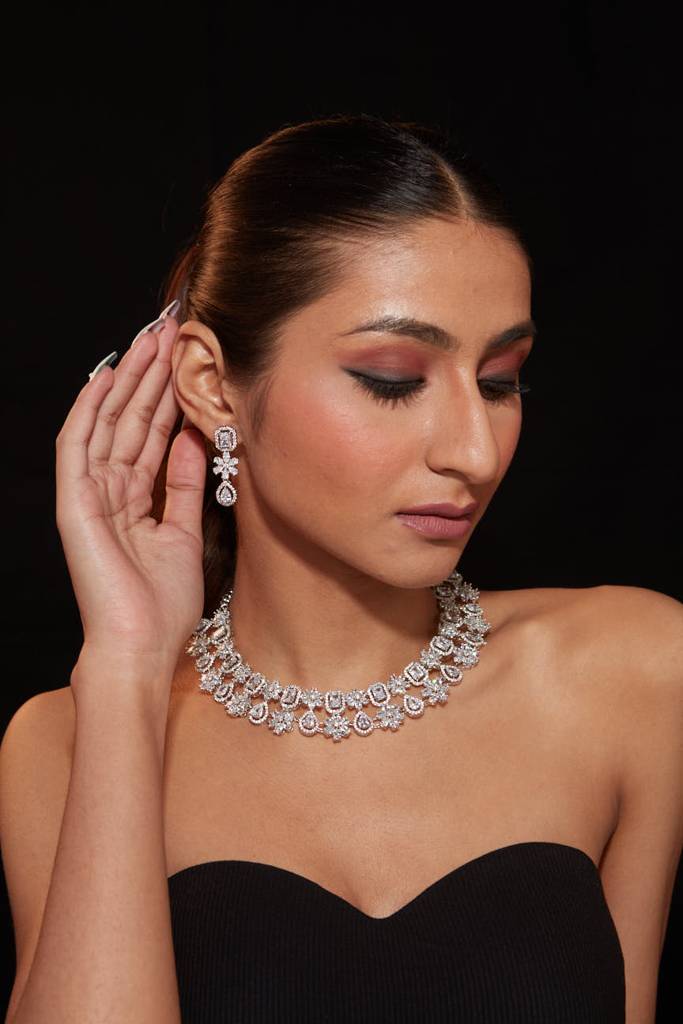 Rhodium Plated Zircon Studded Double Layered Choker Necklace & Dangle Earrings Set : VN421