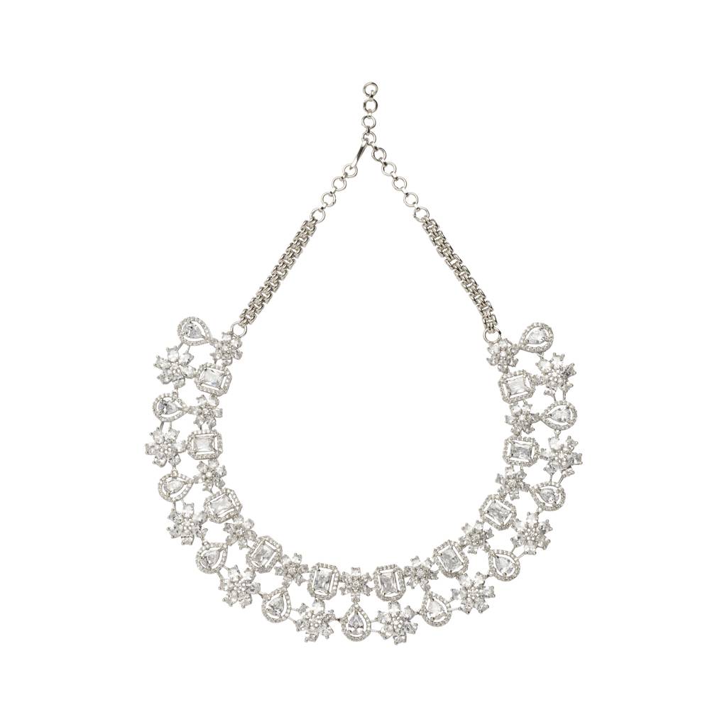 Rhodium Plated Zircon Studded Double Layered Choker Necklace & Dangle Earrings Set : VN421