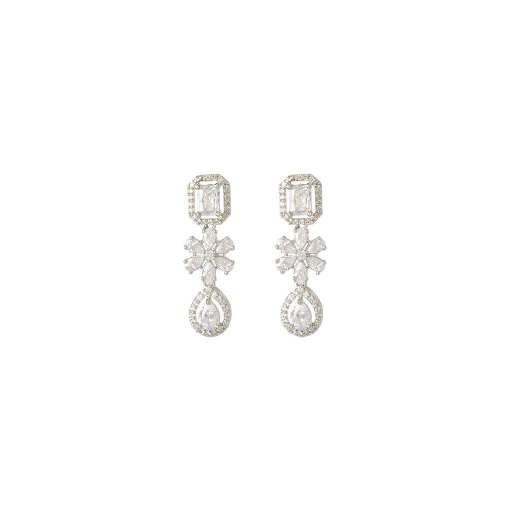 Rhodium Plated Zircon Studded Double Layered Choker Necklace & Dangle Earrings Set : VN421