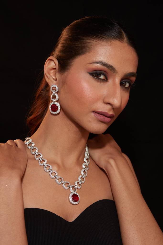Rhodium Plated Zircon Studded With Red Synthetic Stone Pendant Necklace & Drop Earrings Set. : VN422