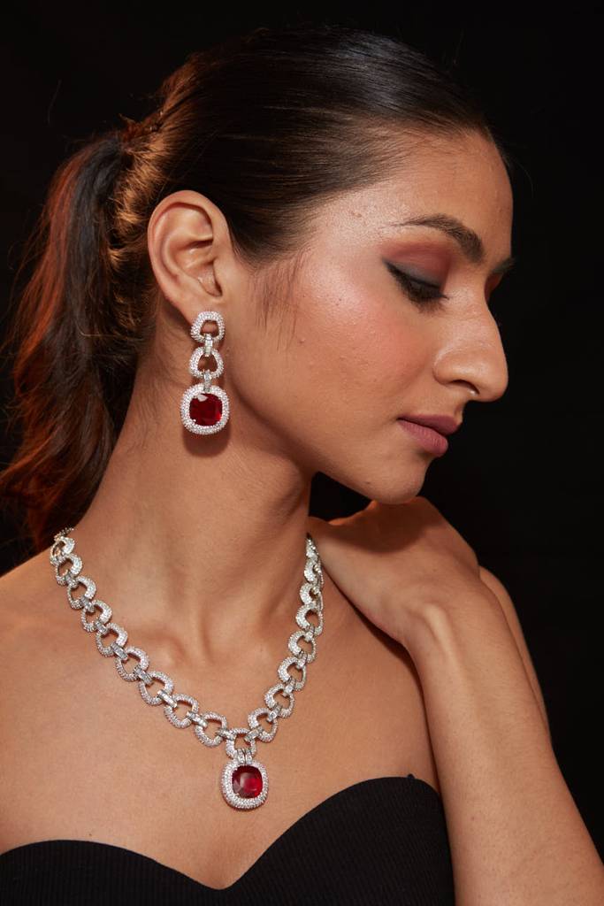 Rhodium Plated Zircon Studded With Red Synthetic Stone Pendant Necklace & Drop Earrings Set. : VN422