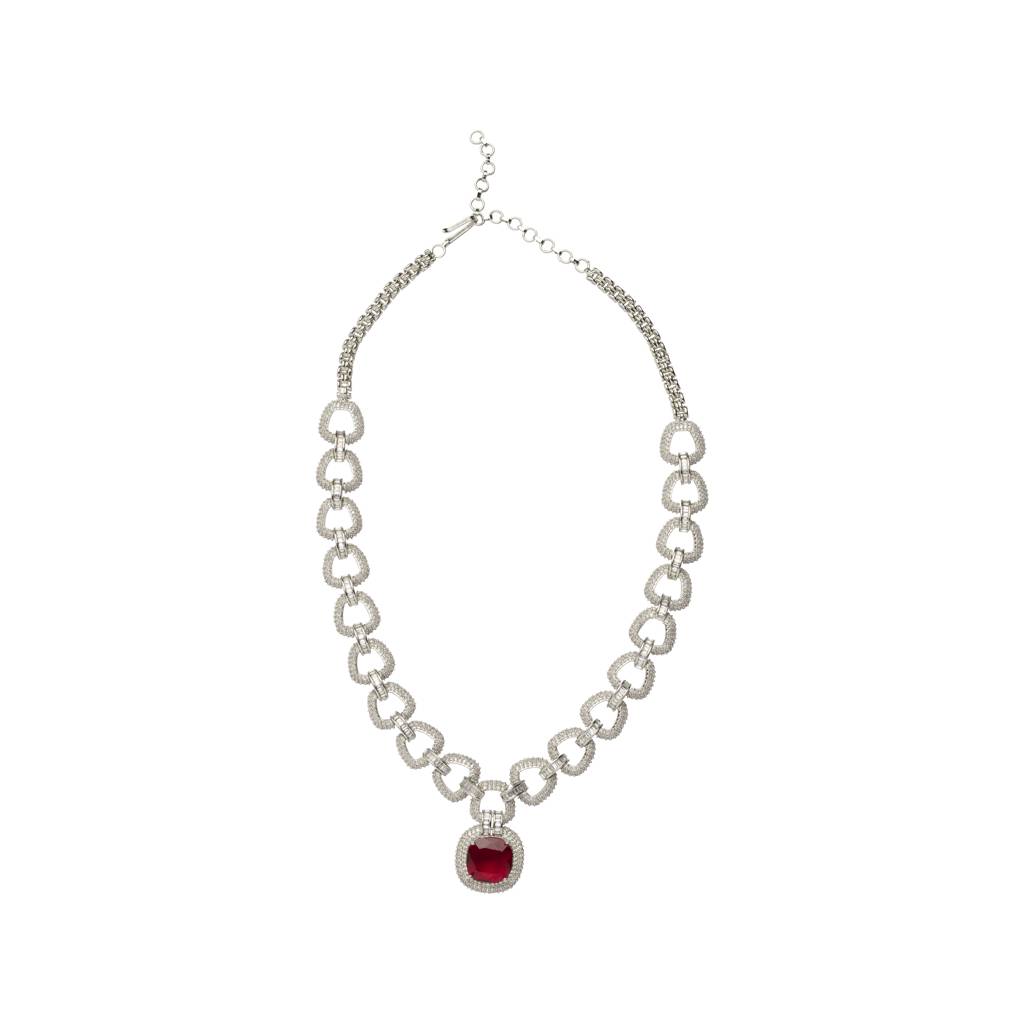 Rhodium Plated Zircon Studded With Red Synthetic Stone Pendant Necklace & Drop Earrings Set. : VN422