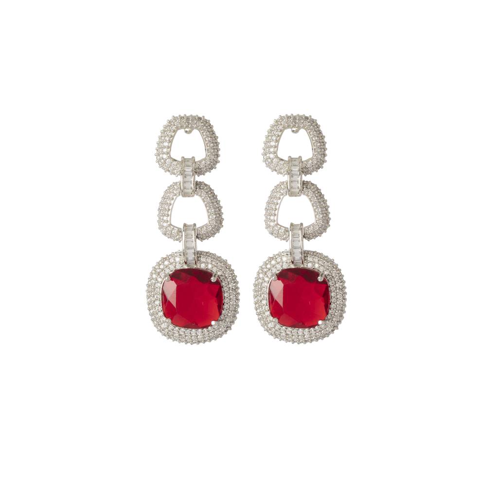 Rhodium Plated Zircon Studded With Red Synthetic Stone Pendant Necklace & Drop Earrings Set. : VN422