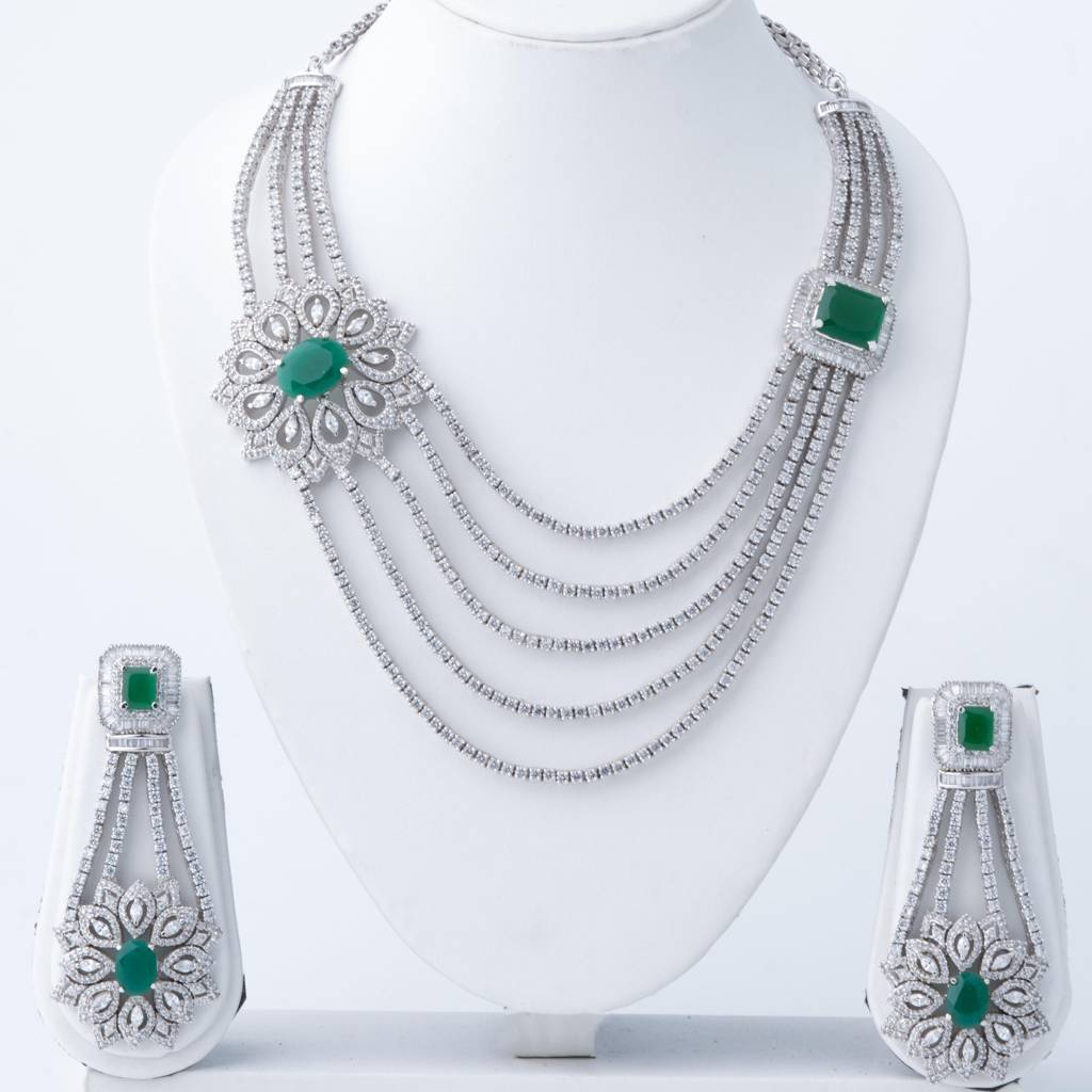 White-Finished Zircon Necklace Set- Silver & Blue : VN537