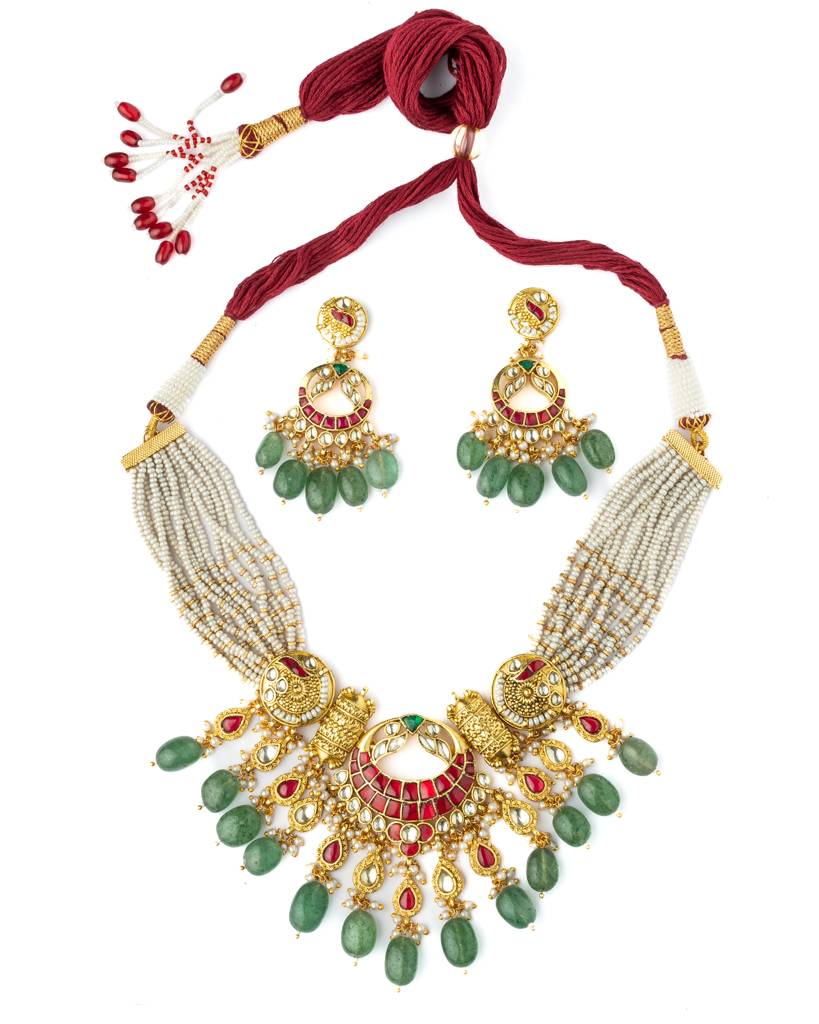 Vivinia By Vidhi Mehra Gold Plated Multicolored Womens Kundan, Polki Necklace Set With Pair Of Earrings-Vn542 : VN542