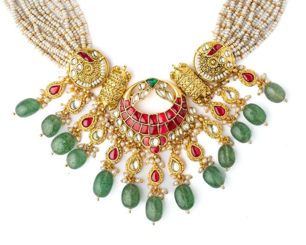 Vivinia By Vidhi Mehra Gold Plated Multicolored Womens Kundan, Polki Necklace Set With Pair Of Earrings-Vn542 : VN542