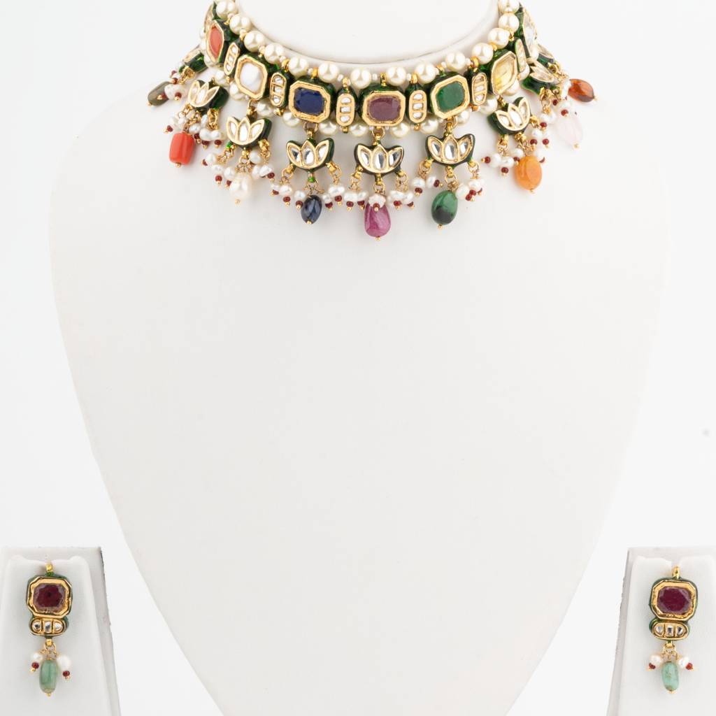 Multi Colour Stones Dangling Choker Necklace Set : VN554