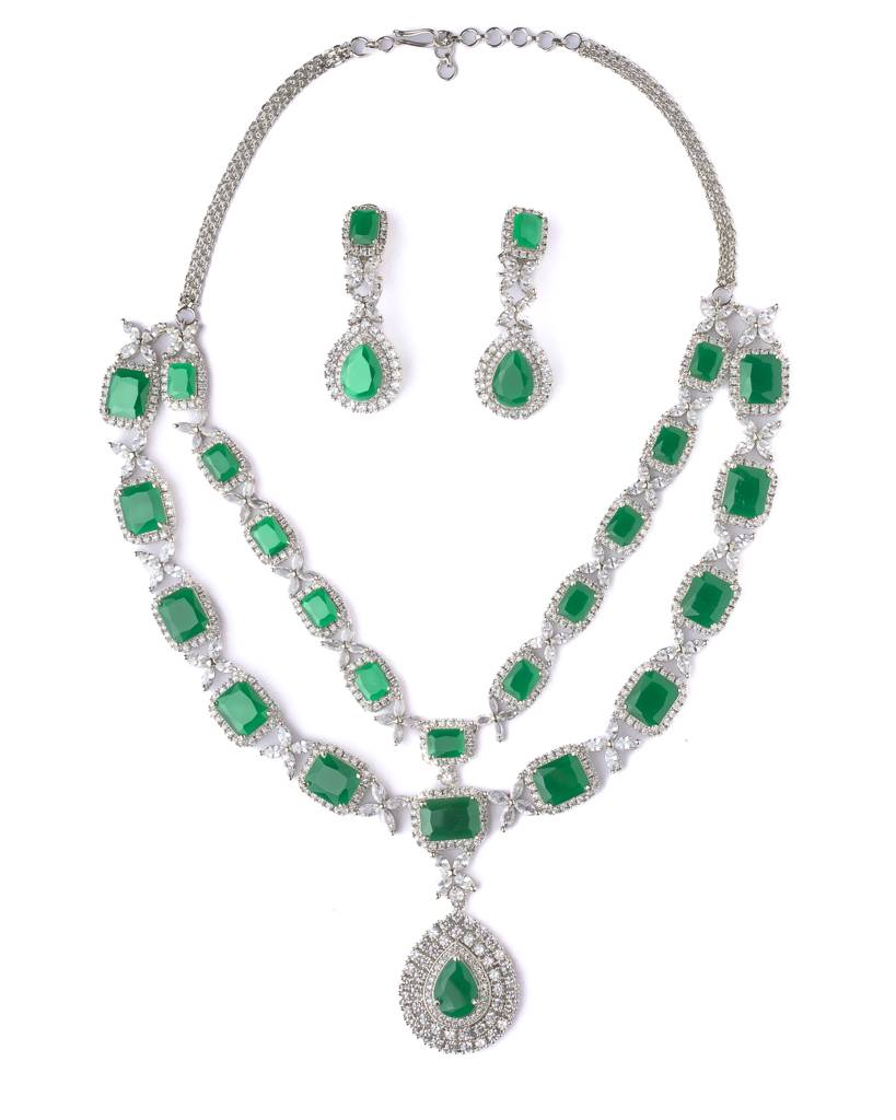 Vivinia By Vidhi Mehra Silver Plated Green Womens Short Necklace Set With Pair Of Earrings-Vn584 : VN584