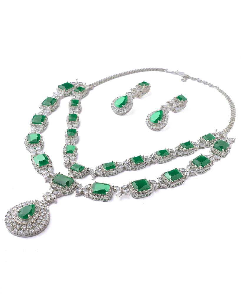 Vivinia By Vidhi Mehra Silver Plated Green Womens Short Necklace Set With Pair Of Earrings-Vn584 : VN584