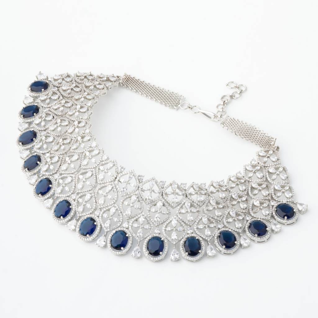 White-Finished Zircon Necklace Set - Blue : VN591