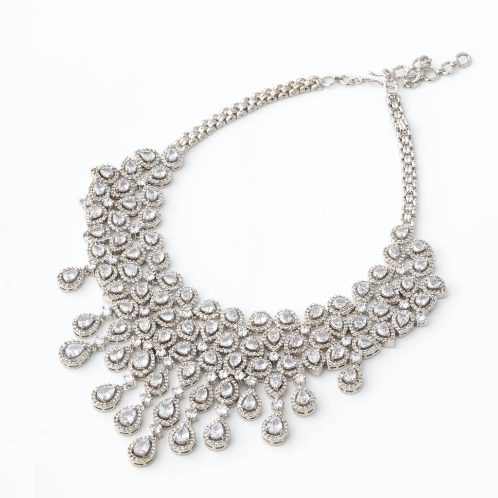 Silver Finished Zircon Necklace Set. : VN599