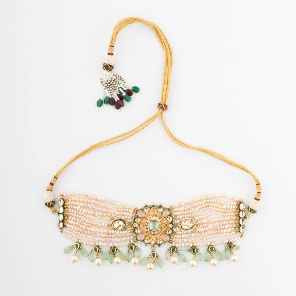 Meenakari Kundan Enamelled Choker Necklace Set With Maangtika : VN712
