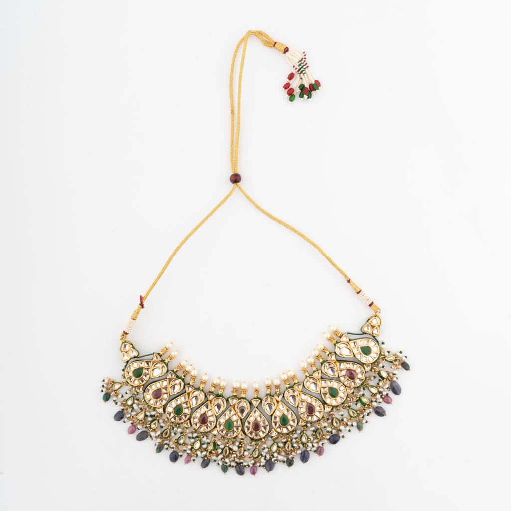 Gold Finish Navratan Kundan Polki Choker Necklace Set : VN729