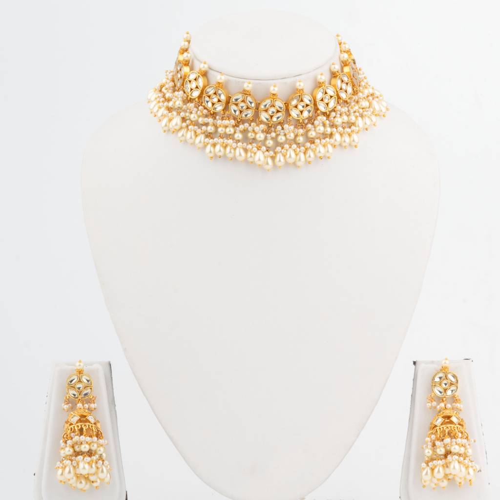 Gold Finish White Kundan Polki Choker Necklace Set : VN730