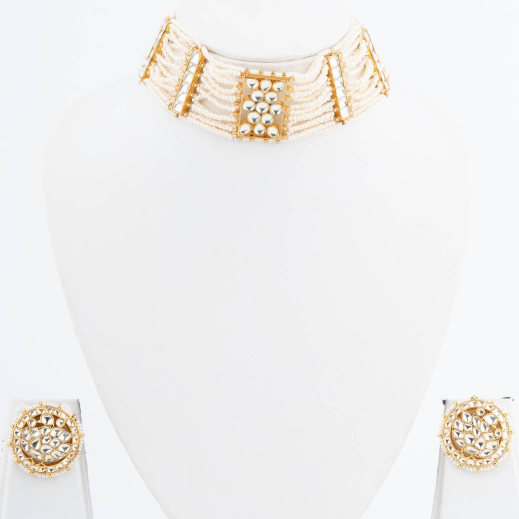 Gold Finish Kundan Polki & Pearl Necklace Set : VN732
